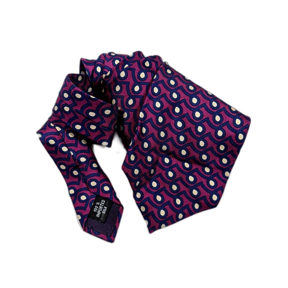Ted Lapidus Silk Tie Made In USA Burgundy Navy Wave Wider Style Vintage 90s/Y2K